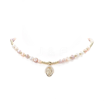 Brass Virgin Mary Pendant Necklace with Natural Pearl Beaded Chains for Women NJEW-JN04144-02-1