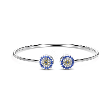 Evil Eye Rhodium Plated 925 Sterling Silver Micro Pave Cubic Zirconia Cuff Bangles for Women BJEW-C062-06P-1