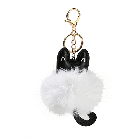 Cute Cat PU Leather & Imitate Rex Rabbit Fur Ball Keychain KEYC-C005-01B-1