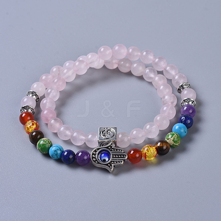 Two Loops Natural Rose Quartz & Natural/Synthetic Mixed Stone Beads Warp Stretch Bracelets BJEW-JB04223-02-1