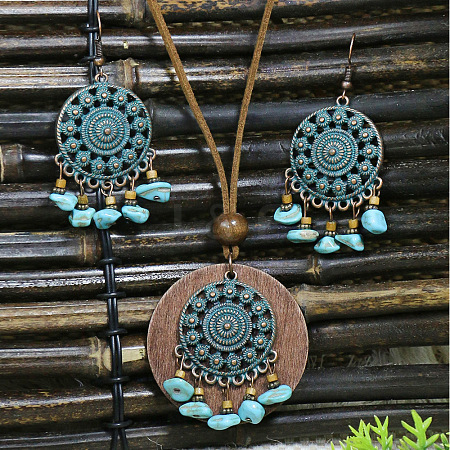 Bohemian Alloy Enamel & Wood Pendant Necklaces & Dangle Earrings Sets WG0DDDA-05-1