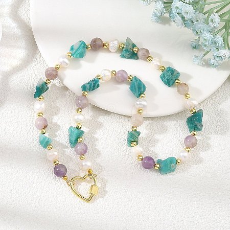 Raw Rough Natural Amazonite & Round Amethyst & Potato Pearl Beaded Necklaces with Brass Screw Carabiner Lock Charms NJEW-JN06583-01-1