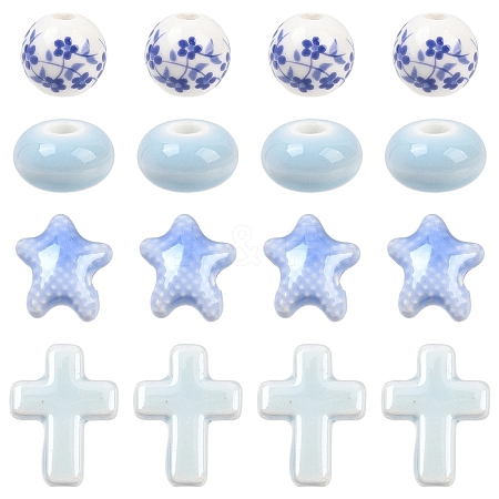 20Pcs 4 Styles Handmade Flower Printed Porcelain Ceramic Beads Strands PORC-YW0001-58-1