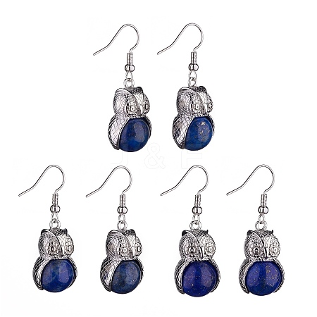 Natural Dyed Lapis Lazuli Owl Dangle Earrings EJEW-A092-08P-02-1