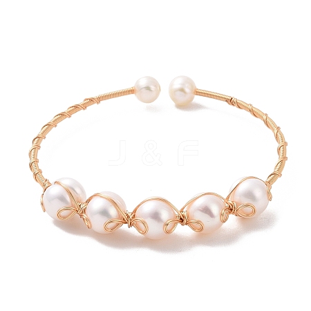 Natural Pearl Beaded Cuff Bangles BJEW-JB09416-1