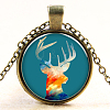 Christmas Reindeer/Stag Pattern Flat Round Glass Pendant Necklaces NJEW-N0051-034G-01-1
