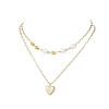 Natural Cultured Freshwater Pearl Rice Beads Brass Heart with Letter Pendant Paperclip Chain Double Layered Necklaces NJEW-JN05378-01-2