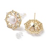 Flat Round Natural Pearl Stud Earrings with Brass Micro Pave Cubic Zirconia and 925 Sterling Silver Pins EJEW-P256-91G-2
