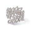 304 Stainless Steel Hollow Out Leaf Open Cuff Ring for Women RJEW-C045-16P-2