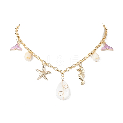3Pcs 3 Styles Alloy Enamel Whale Tail Starfish & Natural Shell Teardrop Pendant 304 Stainless Steel Cable Chain Necklaces for Women NJEW-JN05407-1