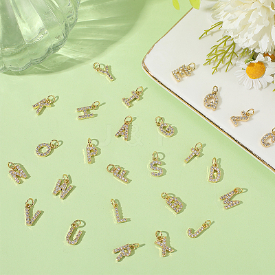 26Pcs 26 Styles Real 18K Gold Plated Brass Micro Pave Clear Cubic Zirconia Charms KK-BBC0018-09-1