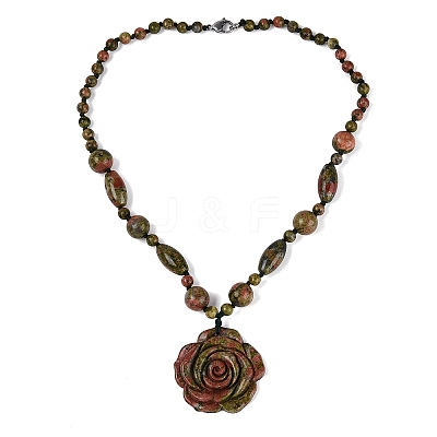 Natural Unakite Flower Pendant Necklaces NJEW-N064-08G-1