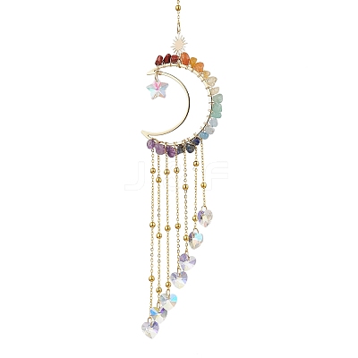 Wire Wrapped Chakra Natural Gemstone Chips Moon Hanging Ornaments HJEW-JM02370-1
