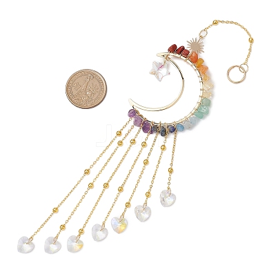 Wire Wrapped Chakra Natural Gemstone Chips Moon Hanging Ornaments HJEW-JM02370-1