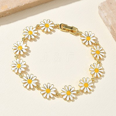 Brass & Enamel Daisy Link Chain Bracelets for Women BJEW-A171-03G-1