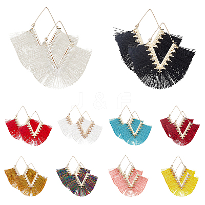 10 Pairs 10 Colors Rhombus Cotton Tassel Big Hoop Earrings EJEW-AN0001-27-1