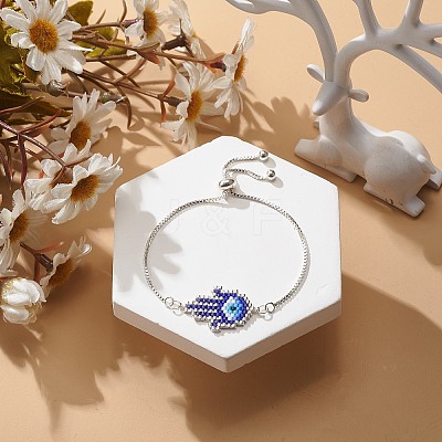Glass Seed Braided Hamsa Hand with Evil Eye Link Slider Bracelet BJEW-MZ00003-1