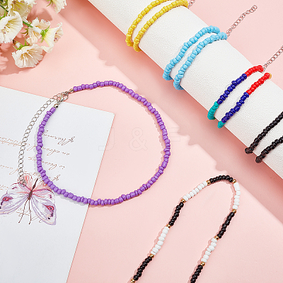 15Pcs 15 Styles Round Glass Seed Beads Choker Necklaces NJEW-AR0001-01-1