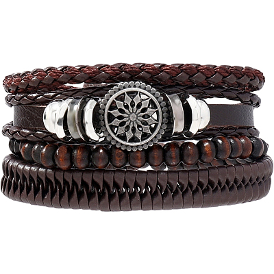 1Pc Cowhide & Imitation Leather Cord Knitted Multi-strand Bracelets AJEW-GF0011-50B-1