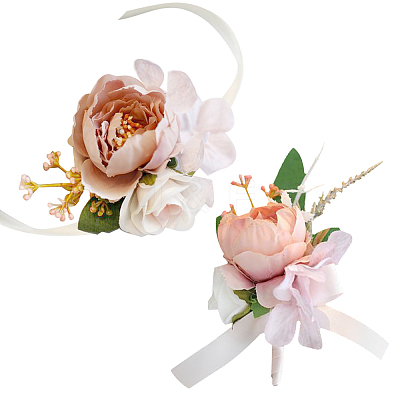 2Pcs 2 Style Silk Cloth Imitation Peony Corsage Boutonnieres AJEW-CP0001-59B-1
