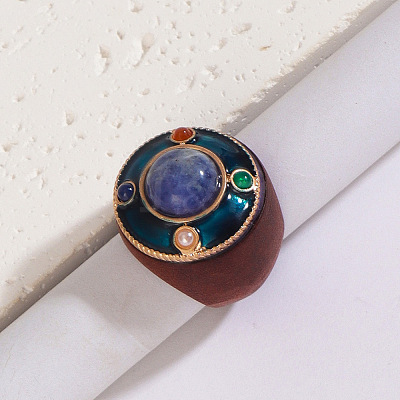 Flat Round Wood & Resin & Natural Sodalite Finger Rings FS-WG75D49-04-1