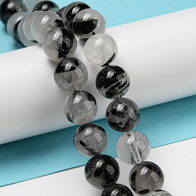 Grade A Natural Tourmalinated Quartz/Black Rutilated Quartz Beads Strands G-R494-A06-04-1