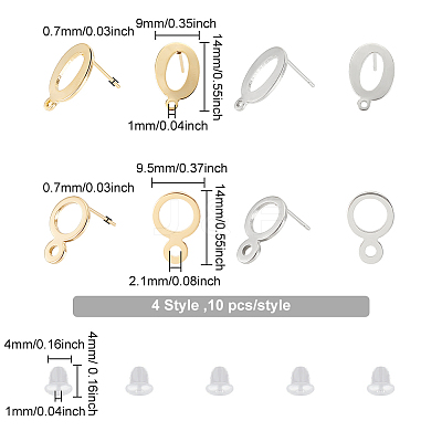 40Pcs 4 Style 201 Stainless Steel Stud Earring Findings STAS-DC0009-81-1