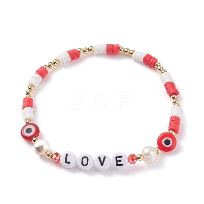 Love Word Acrylic & Heishi Polymer Clay Beaded Stretch Bracelets BJEW-TA00069-01-1