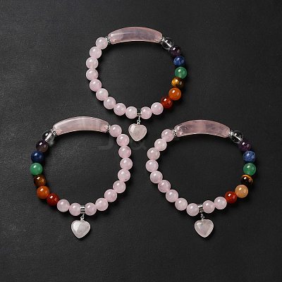Natural Rose Quartz & Mixed Gemstone Beaded Stretch Bracelet with Heart Charm for Women BJEW-K164-B26-1