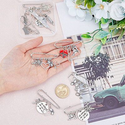 8Pcs 8 Style Nurse's Cap & Infusion Bottle & Caduceus Alloy Charms Safety Pin Brooch JEWB-FH0001-24-1