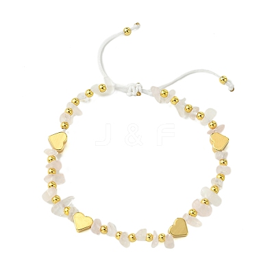 Natural Rose Quartz Chip & Heart Brass Braided Bead Bracelets BJEW-JB10592-1