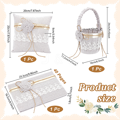 1Pc Square Linen Lace Wedding Ring Display Pillow with Flower AJEW-WA0004-22-1
