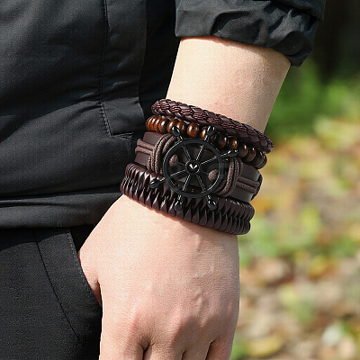 1Pc Cowhide & Imitation Leather Cord Knitted Multi-strand Bracelets AJEW-GF0011-50C-1