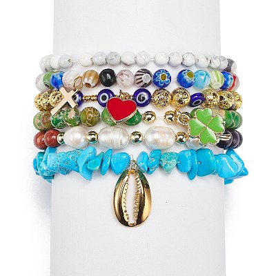 6Pcs 6 Style Natural Mixed Gemstone & Pearl & Glass Beaded Stretch Bracelets Set BJEW-JB08876-1