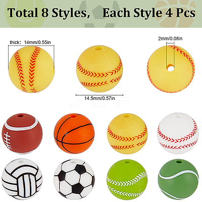 32Pcs 8 Colors All Kinds of Sports Balls Silicone Beads SIL-SC0001-80-1