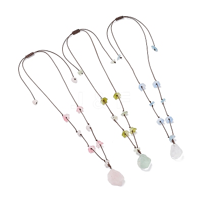 3Pcs 3 Styles Raw Rough Natural Green Fluorite & Rose Quartz & Quartz Crystal Nuggets Pendant with Handmade Lampwork Flower Adjustable Waxed Polyester Cord Necklaces for Women NJEW-TA00210-1