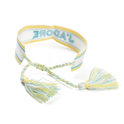 Word J'ADORE Polycotton(Polyester Cotton) Braided Bracelet with Tassel Charm LS-BJEW-F429-01-1