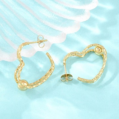 304 Stainless Steel Textured Wavy Wire Heart Shape Stud Earrings for Women SA-CBAB549-06G-1