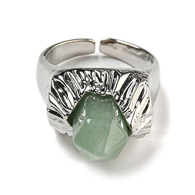 Hexagonal Prism Natural Green Aventurine Open Cuff Rings RJEW-B106-01P-01-1