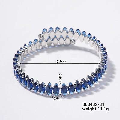 Elegant Brass Pave Blue Cubic Zirconia Rhombus Open Cuff Bracelet for Women KX4249-12-1