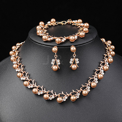 Alloy Rhinestone & Plastic Imitation Pearl Leaf Link Chain Necklaces & Stud Dangle Earrings & Link Bracelets Sets WG65A67-01-1