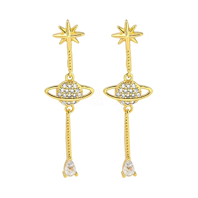 Rack Plating Planet Brass Micro Pave Clear Cubic Zirconia Stud Earrings EJEW-B061-07G-1