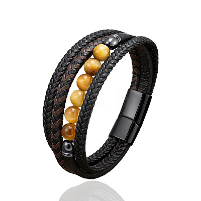Natural Tiger Eye Round Beads & Braided Imitation Leather Cord Bracelets for Men FS-WGCE7B3-06-1