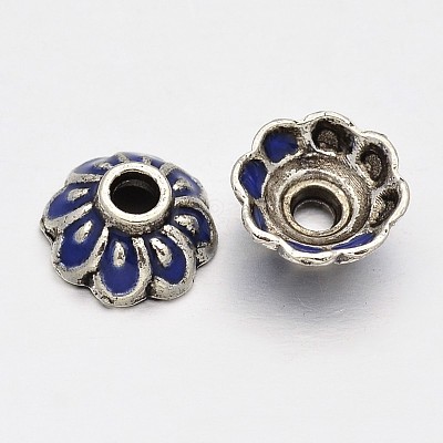 Antique Silver Plated Alloy Enamel Flower Bead Caps ENAM-J580-01AS-1