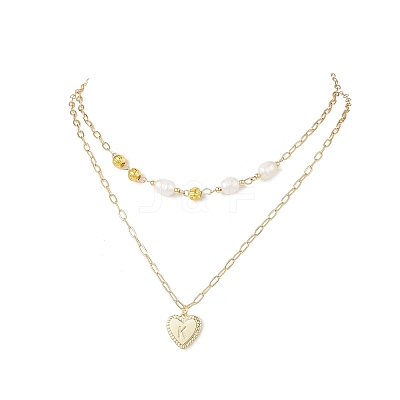 Natural Cultured Freshwater Pearl Rice Beads Brass Heart with Letter Pendant Paperclip Chain Double Layered Necklaces NJEW-JN05378-01-1