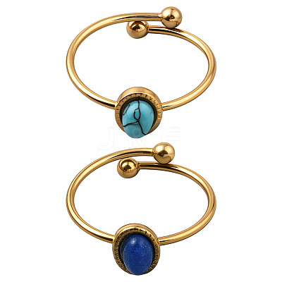 2Pcs 2 Colors Stainless Steel with Synthesis Gemstone Adjustable Cuff Rings RJEW-GO0001-27B-1