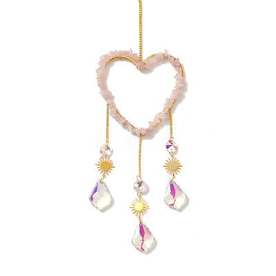 Heart Natural Rose Quartz Chips Hanging Ornaments HJEW-G024-01A-1