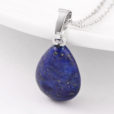 Teardrop Platinum Tone Brass Lapis Lazuli Pendants X-G-F267-02A-1