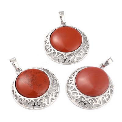 Natural Red Jasper Pendants with Hollow Platinum Brass Findings G-P448-A17-P-1
