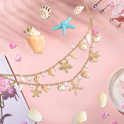 1Pc Starfish Shell Alloy & Resin & Natural Shell Double Layer Tassel Summer Beach Waist Chains for Sexy Bikini AJEW-CY0001-94-1